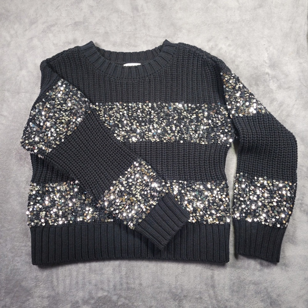 On 34th Womens Sweater Crochet Sequins Black Silver Size Medium Pullover